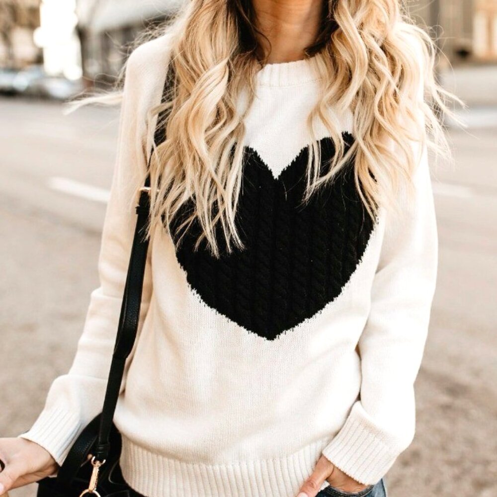 RIBBED LARGE BLACK KNIT HEART ON WHITE CREW NECK RIBBED HEM & WRIST SWEATER